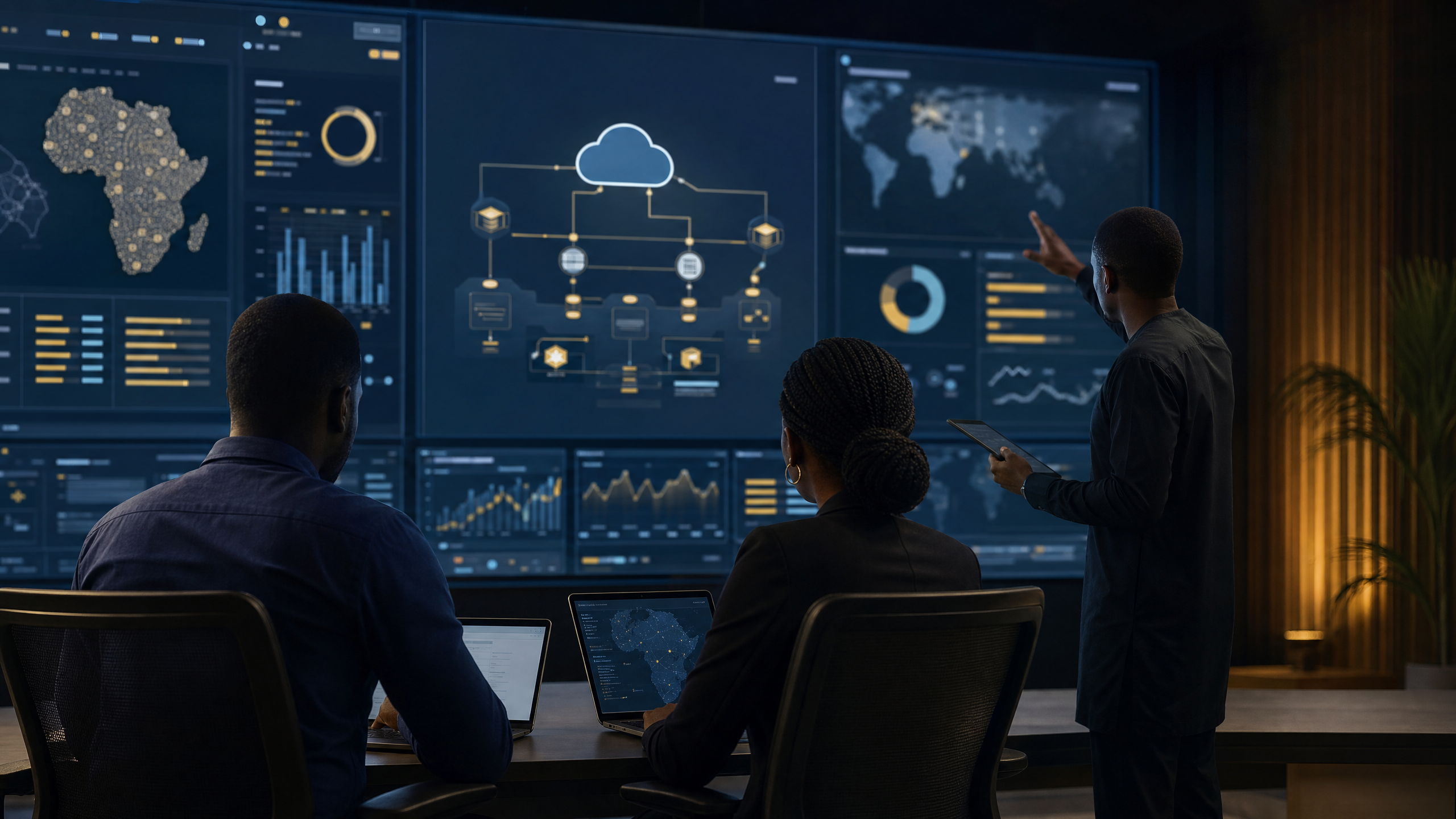 Cybersecurity and cloud architecture team reviewing secure infrastructure dashboards and data governance controls.